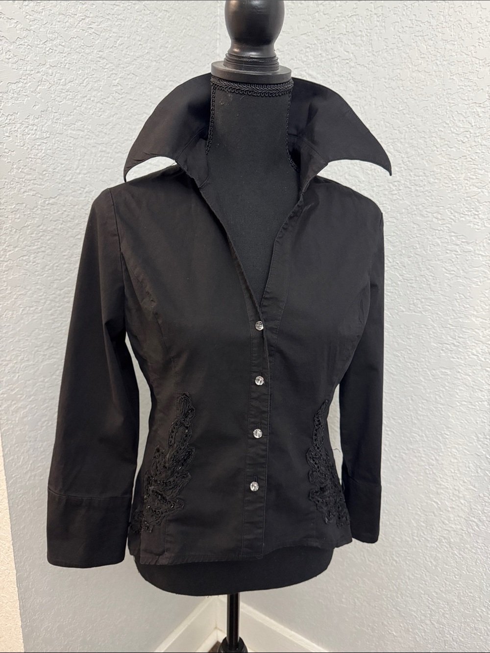 Black Women's Button-Front Jacket with Embroidered Detail